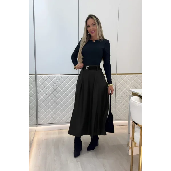 Kadın Yüksek Belli Maxi Deri Kemersiz Etek