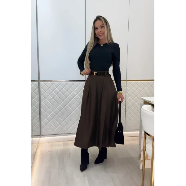 Kadın Yüksek Belli Maxi Deri Kemersiz Etek