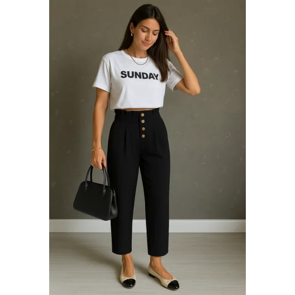 Kadın Yüksek Belli önden Düğmeli Ithal Keten Pantolon