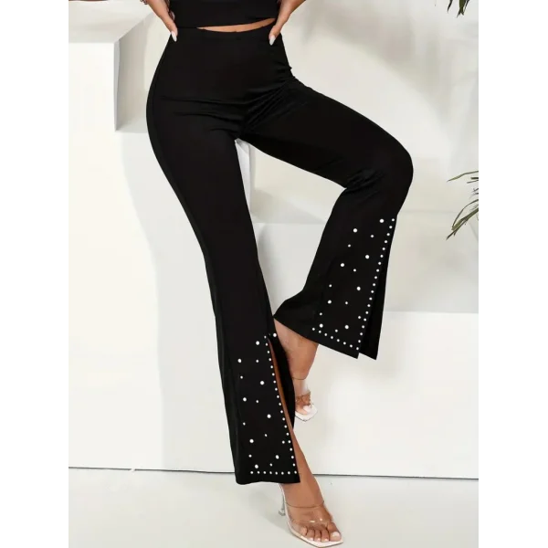 Kadın Yüksek Belli önden Yırtmaç Taş Detaylı Ithal Krep Pantolon