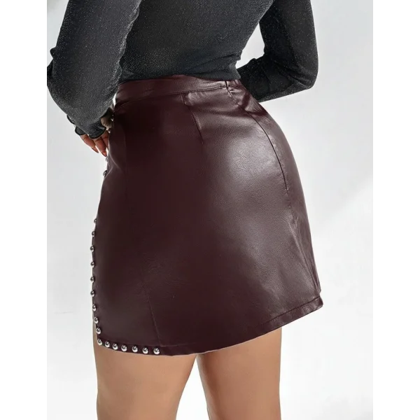 Kadın Yüksek Belli Yandan çivili Mini Deri Etek