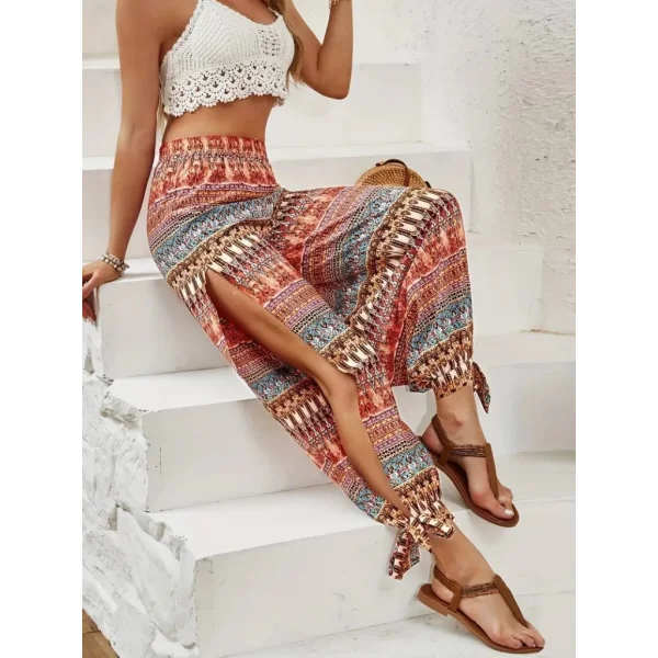 Kadın Yüksek Belli Yanlardan Yırtmaç Detaylı Desenli Bürümcük Pantolon