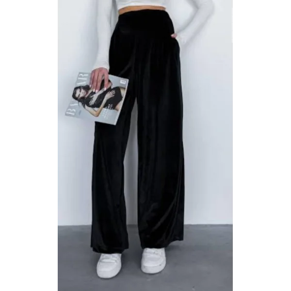 Kadın Yüksek Ben Beli Lastik Detay Kadife Kumaş Bol Paça Pantolon