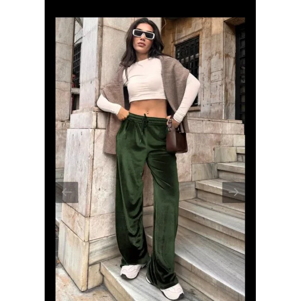 Kadın Yüksek Ben Beli Lastik Detay Kadife Kumaş Bol Paça Pantolon