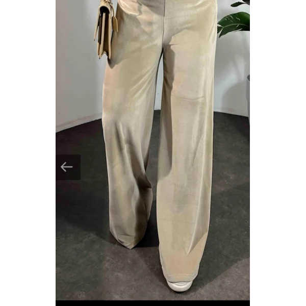 Kadın Yüksek Ben Beli Lastik Detay Kadife Kumaş Bol Paça Pantolon