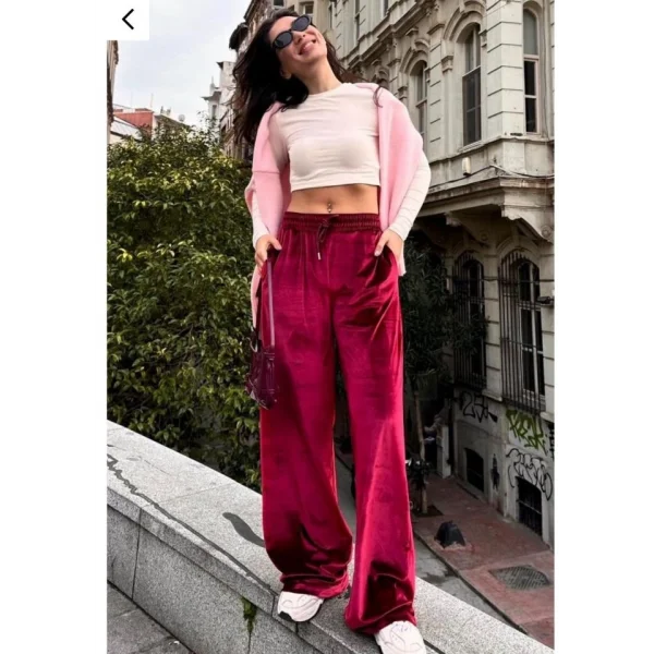 Kadın Yüksek Ben Beli Lastik Detay Kadife Kumaş Bol Paça Pantolon