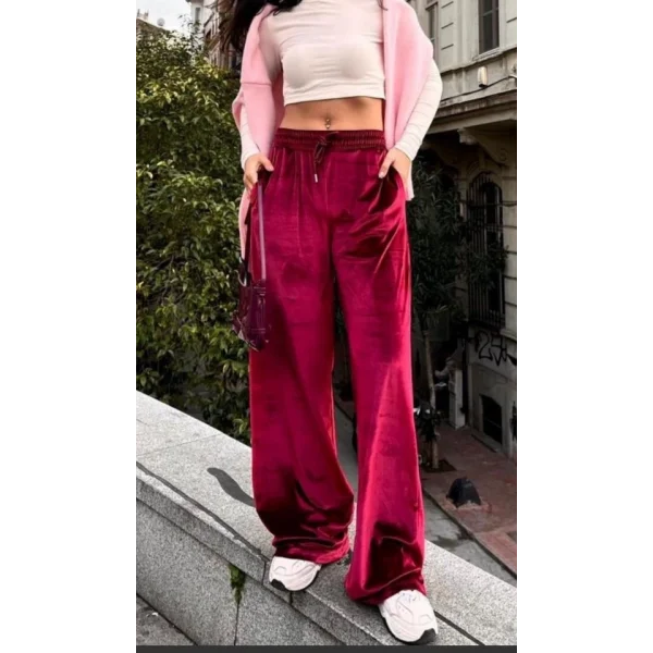 Kadın Yüksek Ben Beli Lastik Detay Kadife Kumaş Bol Paça Pantolon