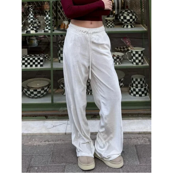 Kadın Yüksek Ben Beli Lastik Detay Kadife Kumaş Bol Paça Pantolon