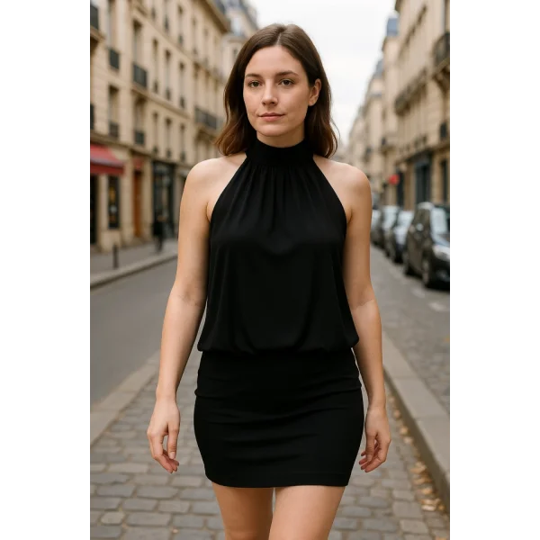 Kadın Yüksek Yaka Büzgü Detaylı Şifon Garnili Sandy Kumaş Fırsat Ürün Diz Üstü Elbise