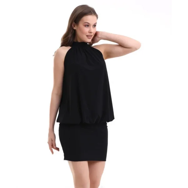 Kadın Yüksek Yaka Büzgü Detaylı Şifon Garnili Sandy Kumaş Fırsat Ürün Diz Üstü Elbise