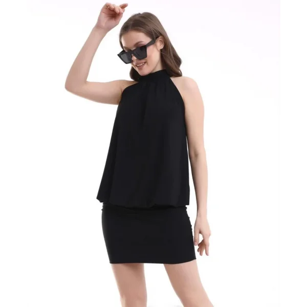 Kadın Yüksek Yaka Büzgü Detaylı Şifon Garnili Sandy Kumaş Fırsat Ürün Diz Üstü Elbise