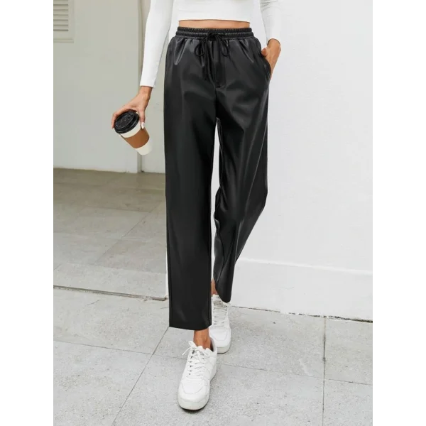 Kadın Yüksel Bel Bağcıklı Deri Pantolon