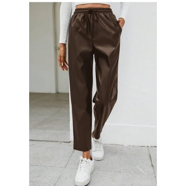 Kadın Yüksel Bel Bağcıklı Deri Pantolon