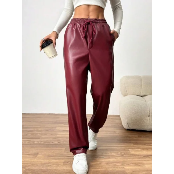 Kadın Yüksel Bel Bağcıklı Deri Pantolon