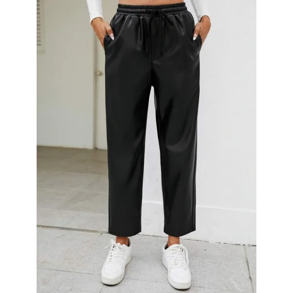 Kadın Yüksel Bel Bağcıklı Deri Pantolon