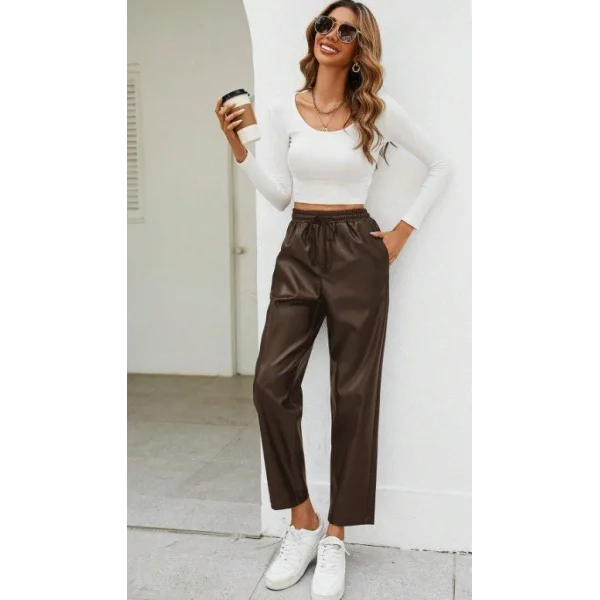 Kadın Yüksel Bel Bağcıklı Deri Pantolon