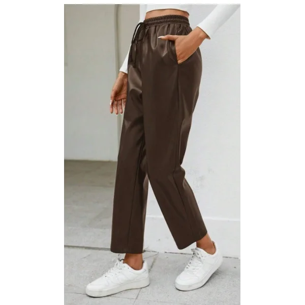 Kadın Yüksel Bel Bağcıklı Deri Pantolon