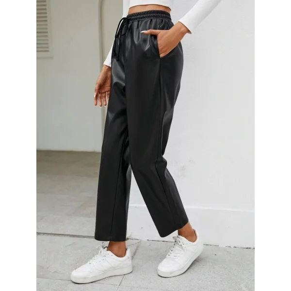 Kadın Yüksel Bel Bağcıklı Deri Pantolon