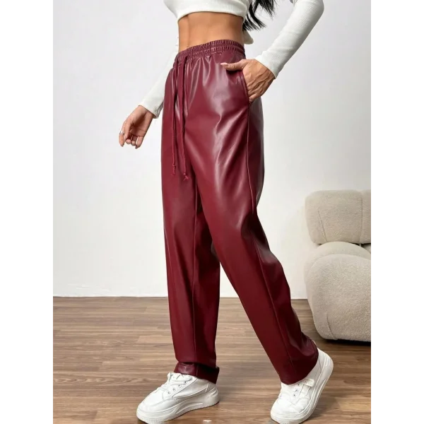 Kadın Yüksel Bel Bağcıklı Deri Pantolon