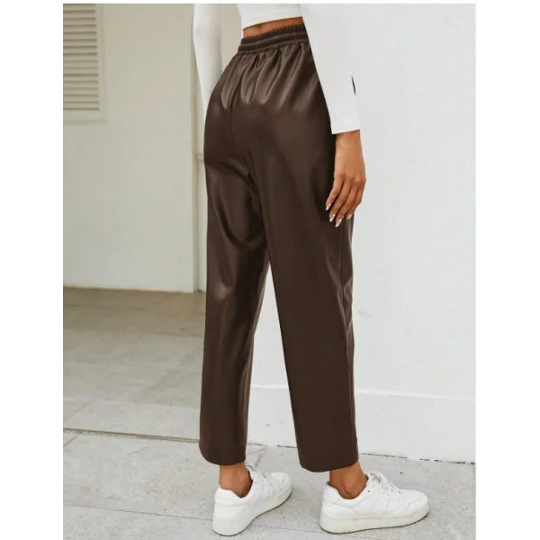 Kadın Yüksel Bel Bağcıklı Deri Pantolon