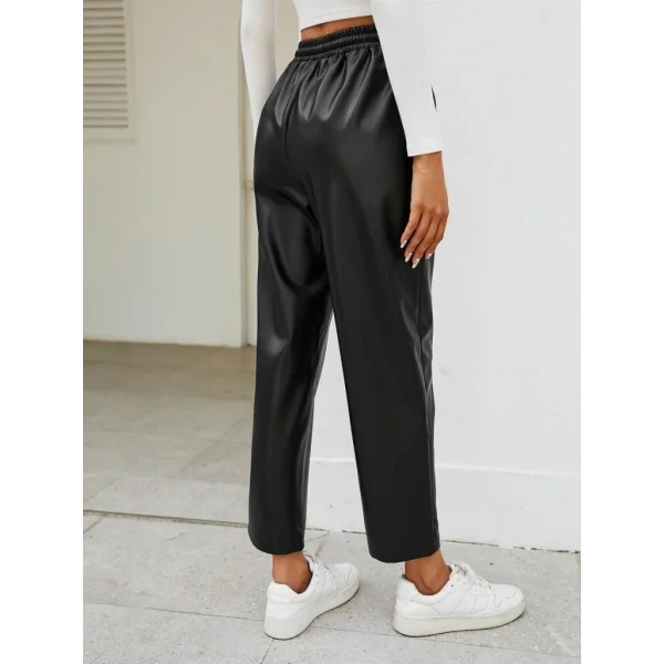 Kadın Yüksel Bel Bağcıklı Deri Pantolon