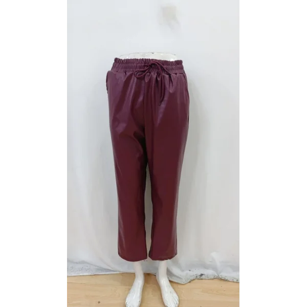 Kadın Yüksel Bel Bağcıklı Deri Pantolon