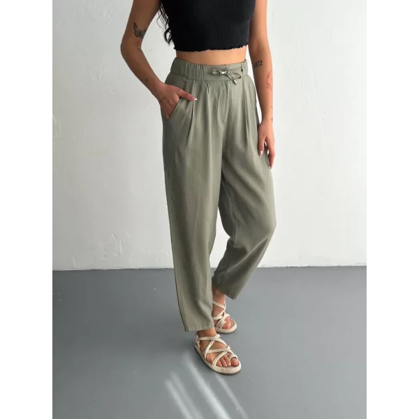 Kadın Yüksel Bel Beli Bağcıklı Cepli Rahat Paça Pantalon - Su Yeşili