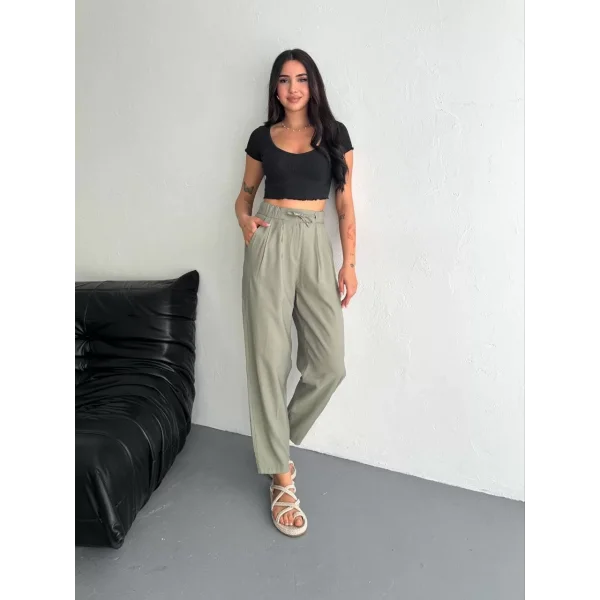 Kadın Yüksel Bel Beli Bağcıklı Cepli Rahat Paça Pantalon - Su Yeşili