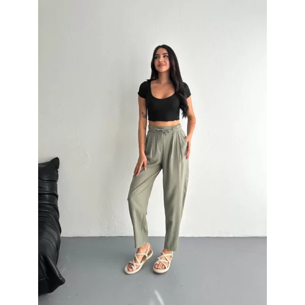 Kadın Yüksel Bel Beli Bağcıklı Cepli Rahat Paça Pantalon - Su Yeşili