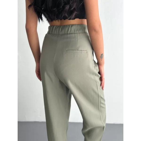 Kadın Yüksel Bel Beli Bağcıklı Cepli Rahat Paça Pantalon - Su Yeşili