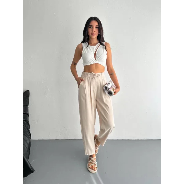 Kadın Yüksel Bel Beli Bağcıklı Rahat Boru Paça Pantalon - Kırık Beyaz