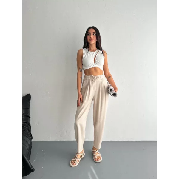 Kadın Yüksel Bel Beli Bağcıklı Rahat Boru Paça Pantalon - Kırık Beyaz