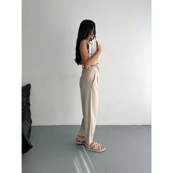 Kadın Yüksel Bel Beli Bağcıklı Rahat Boru Paça Pantalon - Kırık Beyaz