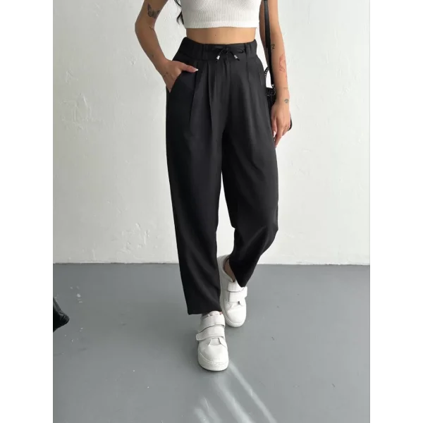 Kadın Yüksel Bel Beli Bağcıklı Rahat Cepli Boru Paça Pantalon - Siyah