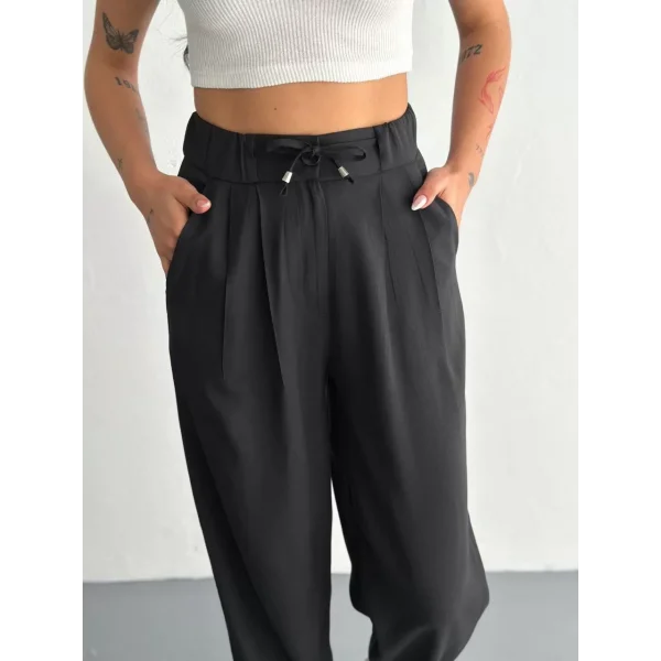 Kadın Yüksel Bel Beli Bağcıklı Rahat Cepli Boru Paça Pantalon - Siyah