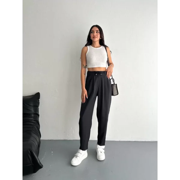 Kadın Yüksel Bel Beli Bağcıklı Rahat Cepli Boru Paça Pantalon - Siyah