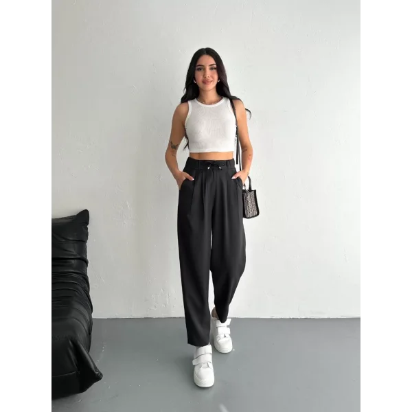 Kadın Yüksel Bel Beli Bağcıklı Rahat Cepli Boru Paça Pantalon - Siyah