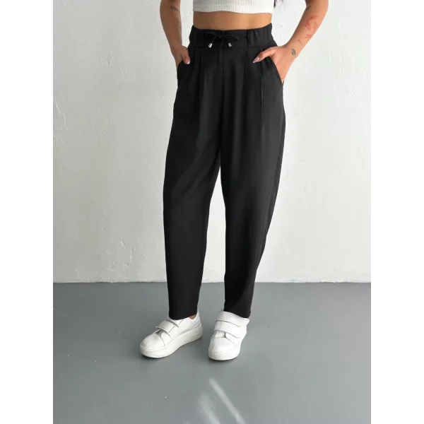 Kadın Yüksel Bel Beli Bağcıklı Rahat Cepli Boru Paça Pantalon - Siyah