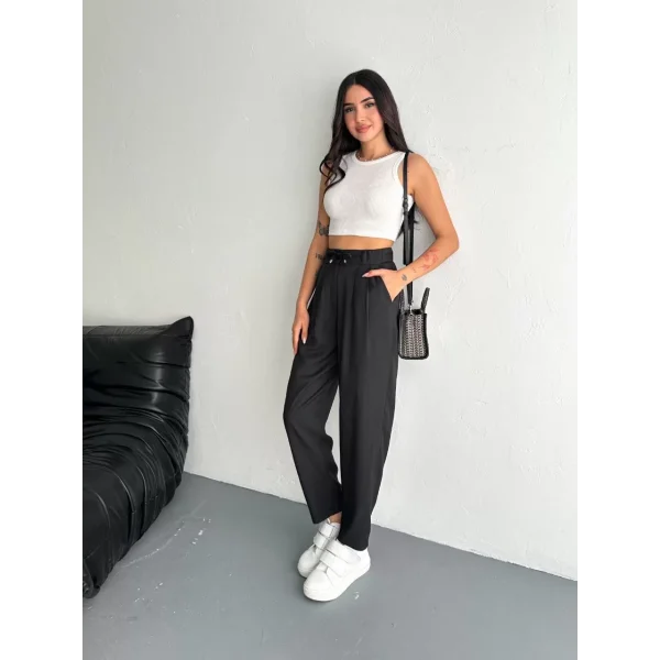 Kadın Yüksel Bel Beli Bağcıklı Rahat Cepli Boru Paça Pantalon - Siyah