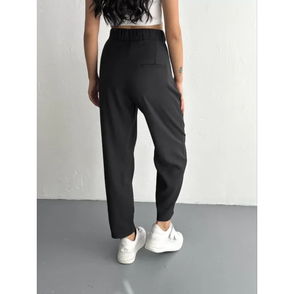 Kadın Yüksel Bel Beli Bağcıklı Rahat Cepli Boru Paça Pantalon - Siyah