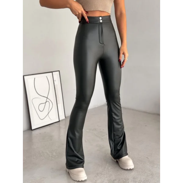 Kadın Yüksel Bel çift Düğme Detay Ispanyol Paça Dar Kalıp şardonlu Pantolon