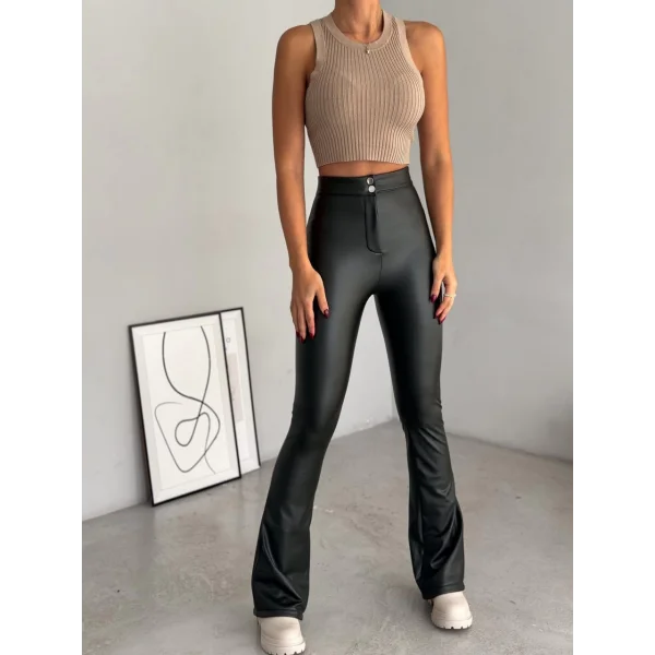 Kadın Yüksel Bel çift Düğme Detay Ispanyol Paça Dar Kalıp şardonlu Pantolon