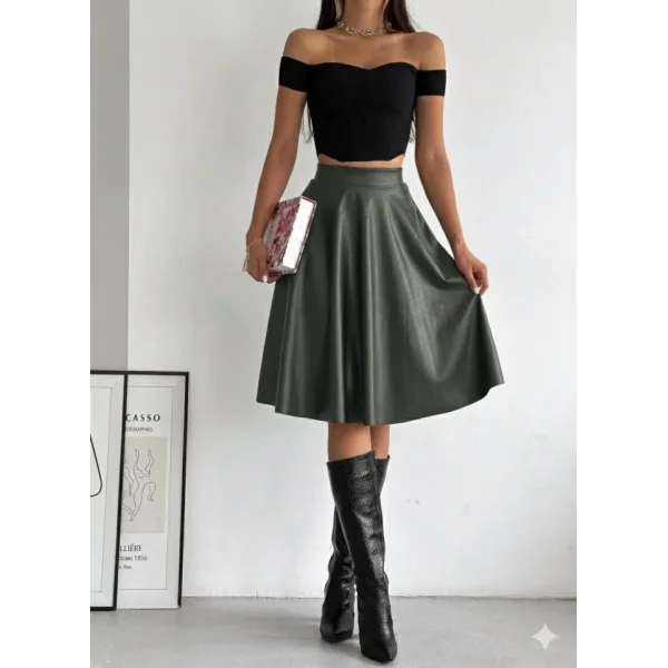 Kadın Yüksel Bel Deri Kloş Etek