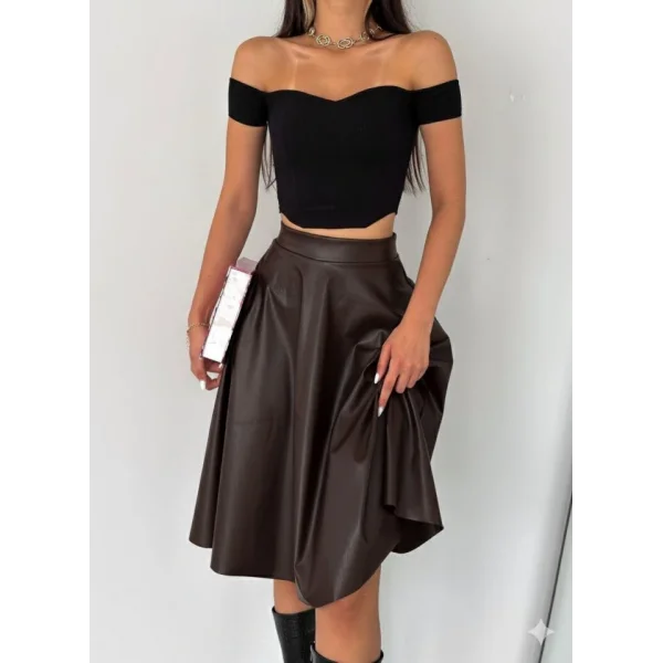 Kadın Yüksel Bel Deri Kloş Etek