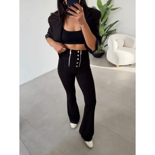 Kadın Yüksel Bel Düğme Ve Fermuar Detay çelik Kumaş Ispanyol Paça Tayt