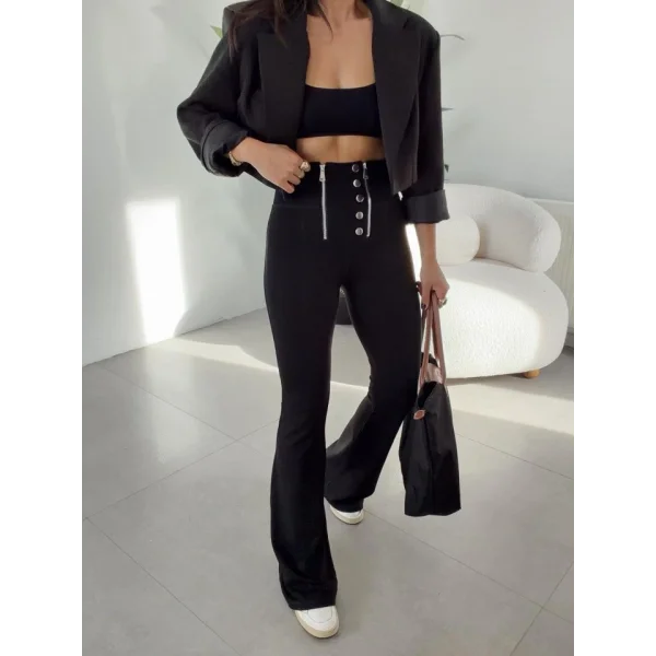 Kadın Yüksel Bel Düğme Ve Fermuar Detay çelik Kumaş Ispanyol Paça Tayt