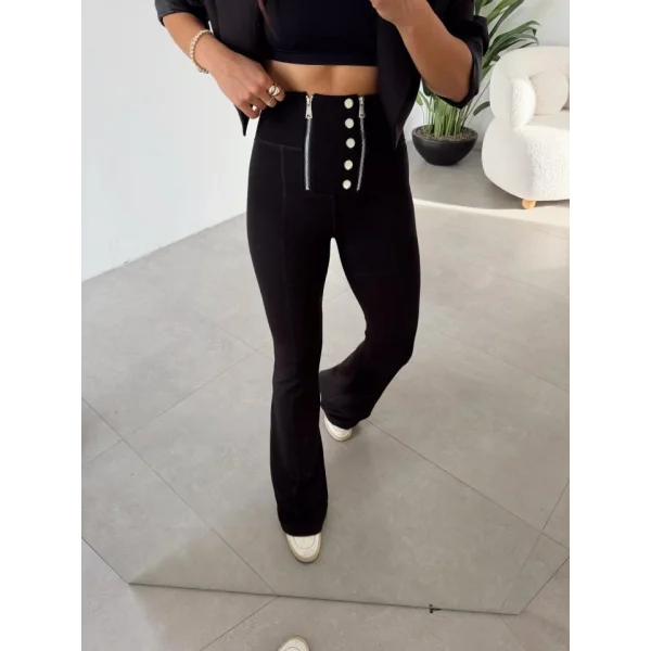 Kadın Yüksel Bel Düğme Ve Fermuar Detay çelik Kumaş Ispanyol Paça Tayt