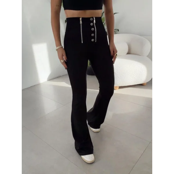 Kadın Yüksel Bel Düğme Ve Fermuar Detay çelik Kumaş Ispanyol Paça Tayt