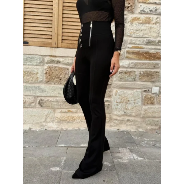 Kadın Yüksel Bel Düğme Ve Fermuar Detay çelik Kumaş Ispanyol Paça Tayt