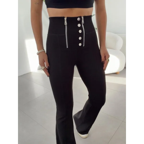 Kadın Yüksel Bel Düğme Ve Fermuar Detay çelik Kumaş Ispanyol Paça Tayt